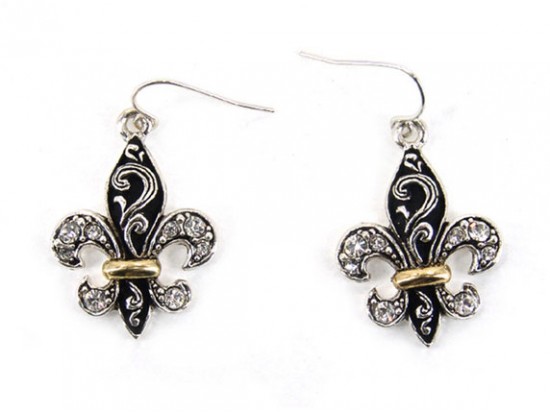 2-Tone Fleur De Lis Filigree Clear Crystal Earrings
