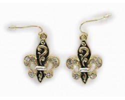 Gold Fleur De Lis Filigree Clear Crystal Earrings