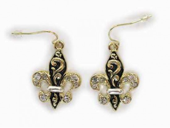 Gold Fleur De Lis Filigree Clear Crystal Earrings
