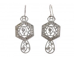 Silver Open Cut Hex Lace Look Crystal Earrings