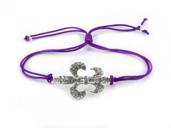 Silver Crystal Fleur De Lis Purple Cord Bracelet