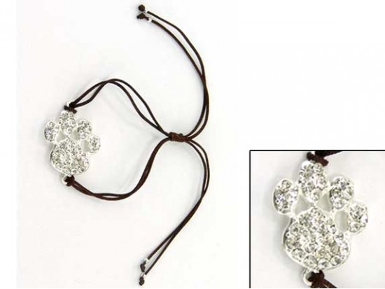 Silver Clear Crystal Paw Print Brown Cord Bracelet Silver Clear Crystal Paw Print Brown Cord Bracelet