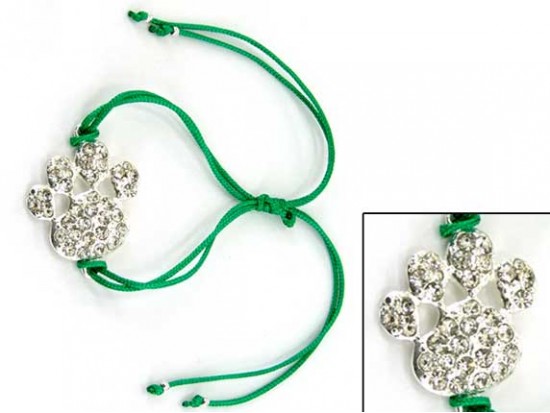 Silver Clear Crystal Paw Print Green Cord Bracelet