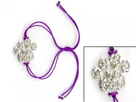 Silver Clear Crystal Paw Print Purple Cord Bracelet