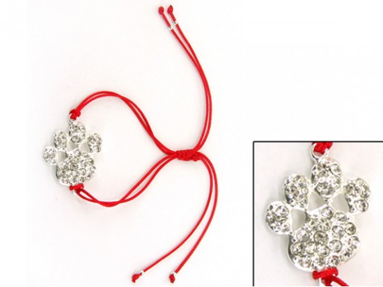 Silver Clear Crystal Paw Print Red Cord Bracelet