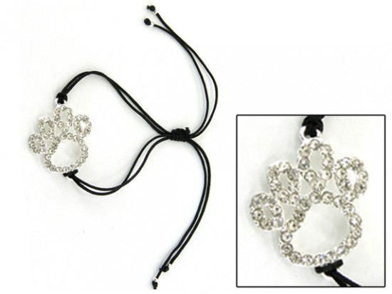 Silver Clear Crystal Paw Print Outline Black Cord Bracelet