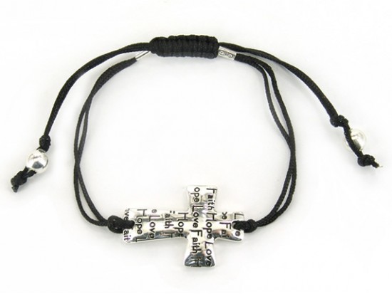 Silver "Love Faith Hope" Cross Black Cord Bracelet Silver "Love Faith Hope" Cross Black Cord Bracelet