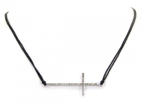 Black Double Cord Necklace With Clear Crystal Silver Cross