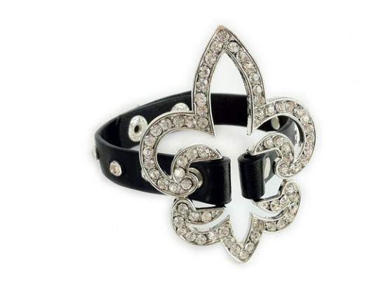 Silver Plate Clear Crystals Open Cut Fleur De Lis Black Wrap Bracelet