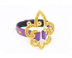 Topaz Crystal Gold Open Cut Fleur-De-Lis Purple Leather Bracelet