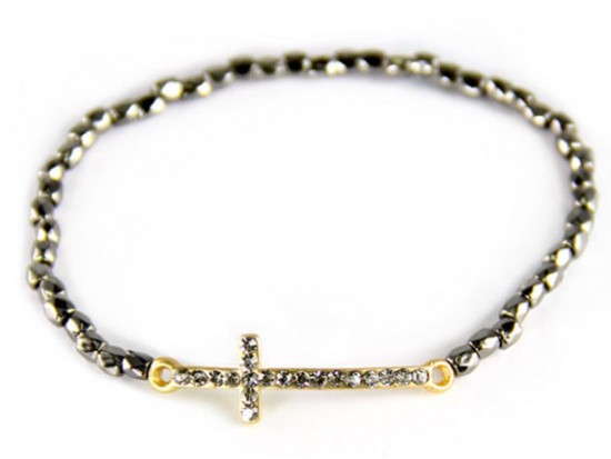 Bronze and Hematite Beaded with Cross Stretch Bracelet