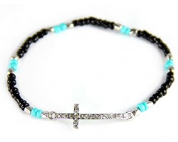 Turquoise and Black Beaded with Cross Stretch Bracelet