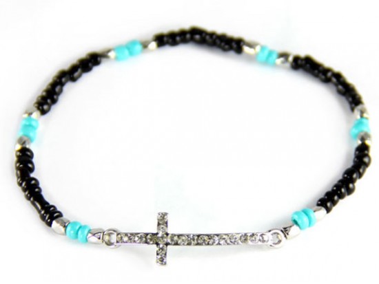 Turquoise and Black Beaded with Cross Stretch Bracelet Turquoise and Black Beaded with Cross Stretch Bracelet