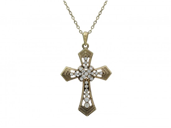 Gold Plate Necklace Open Cut Cross with Clear Crystals 