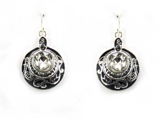 Silver Round Filigree Crystal Hook Earrings