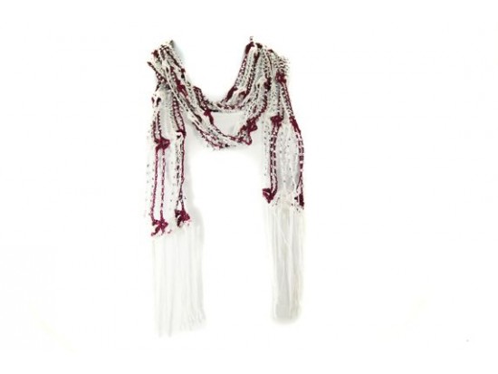 Maroon White Crochet Silver Beaded Scarf