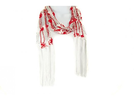 Red White Crochet Silver Beaded Scarf