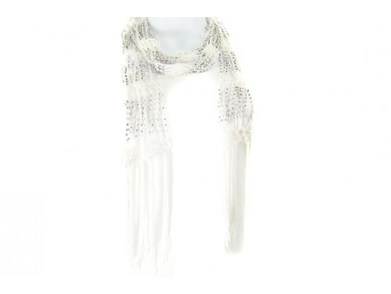 White Crochet Silver Beaded Scarf