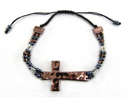 Antique Copper Hammered Cross W/ Beads Adjustable Bracelet