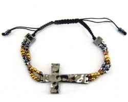 Gunmetal Hammered Cross W/ Beads Adjustable Bracelet