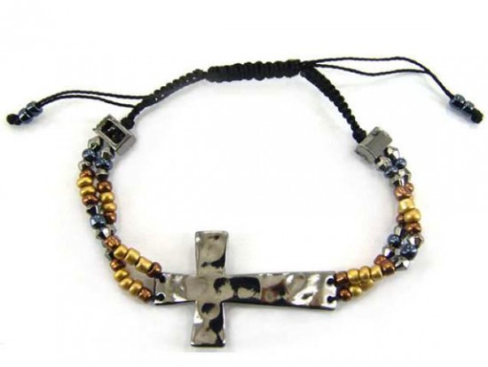 Gunmetal Hammered Cross W/ Beads Adjustable Bracelet Gunmetal Hammered Cross W/ Beads Adjustable Bracelet