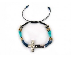 Silver Plate Hammered Cross Turquoise Gold Blue Silver Beads Bracelet 