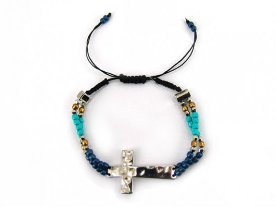 Silver Plate Hammered Cross Turquoise Gold Blue Silver Beads Bracelet Silver Plate Hammered Cross Turquoise Gold Blue Silver Beads Bracelet