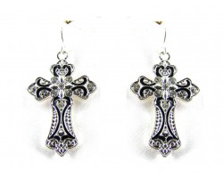 Silver Filigree Cross Black & Crystal Hook Earrings