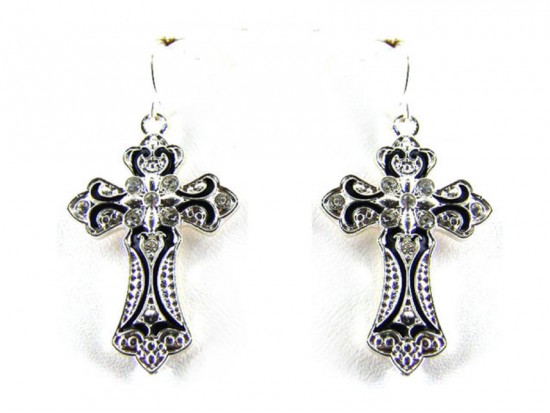 Silver Filigree Cross Black & Crystal Hook Earrings