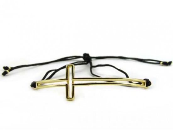 Gold Plate Open Cut 50mm Cross Black Macrame Bracelet
