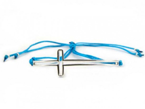 Silver Plate Open Cut 50mm Cross Tuquoise Macrame Bracelet