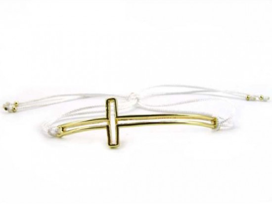 Gold Plate Open Cut 50mm Cross White Macrame Bracelet Gold Plate Open Cut 50mm Cross White Macrame Bracelet