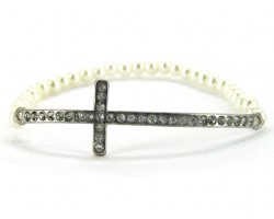 Pearl Bead Silver Cross Stretch Bracelet