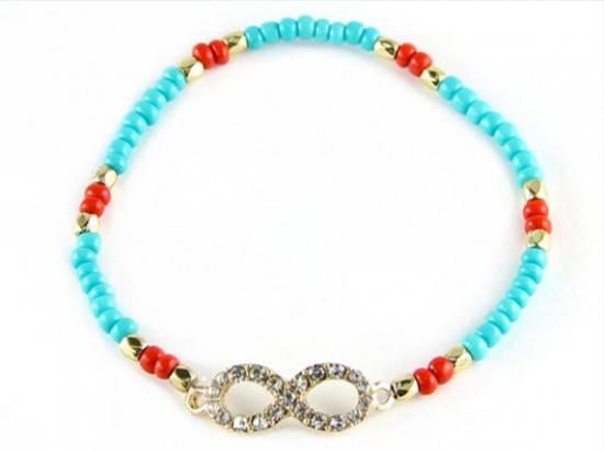 Turquoise Beaded with Crystal Infinity Stretch Bracelet