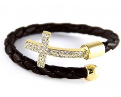 Black Leather Wrap Cuff Crystal Gold Cross Bracelet Black Leather Wrap Cuff Crystal Gold Cross Bracelet