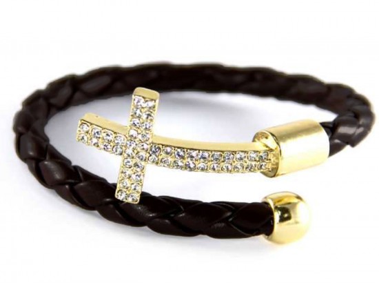 Black Leather Wrap Cuff Crystal Gold Cross Bracelet