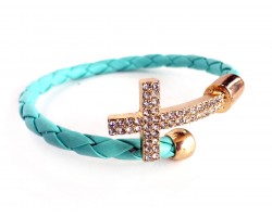 Turquoise Leather Crystal Gold Cross Wrap Cuff Bracelet