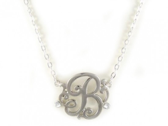 Silver Plate Clear Crystal Cursive Initial Chain Necklace