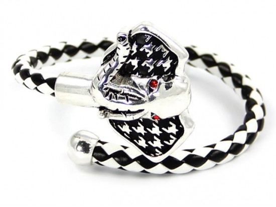 White Black Leather Silver Elephant Houndstooth Bangle
