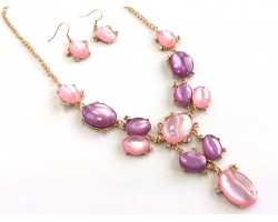 Pink Purple Oval Stone with Crystal Gold Plate Necklace Set