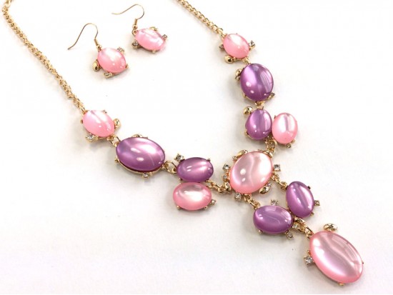 Pink Purple Oval Stone with Crystal Gold Plate Necklace Set