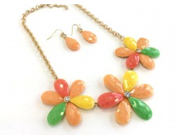 Multi Green Flower Gold Sparkle Chian Necklace Set