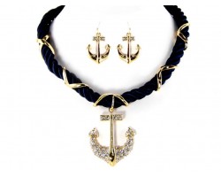 Gold Crystal Anchor Navy Cord Necklace Set