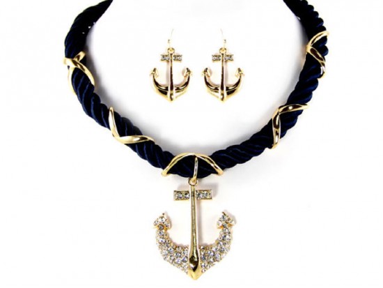 Gold Crystal Anchor Navy Cord Necklace Set