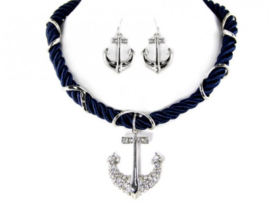Silver Crystal Anchor Navy Cord Necklace Set