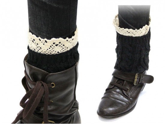 Black Knit Boot Topper Crochet Lace Trim