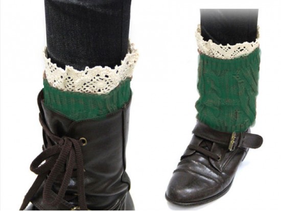 Green Knit Boot Topper Crochet Lace Trim