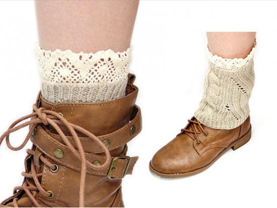 Khaki Knit Boot Topper Crochet Lace Trim