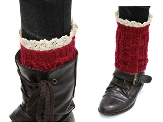 Maroon Knit Boot Topper Crochet Lace Trim