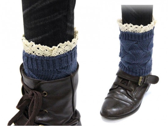 Navy Blue Knit Boot Topper Crochet Lace Trim